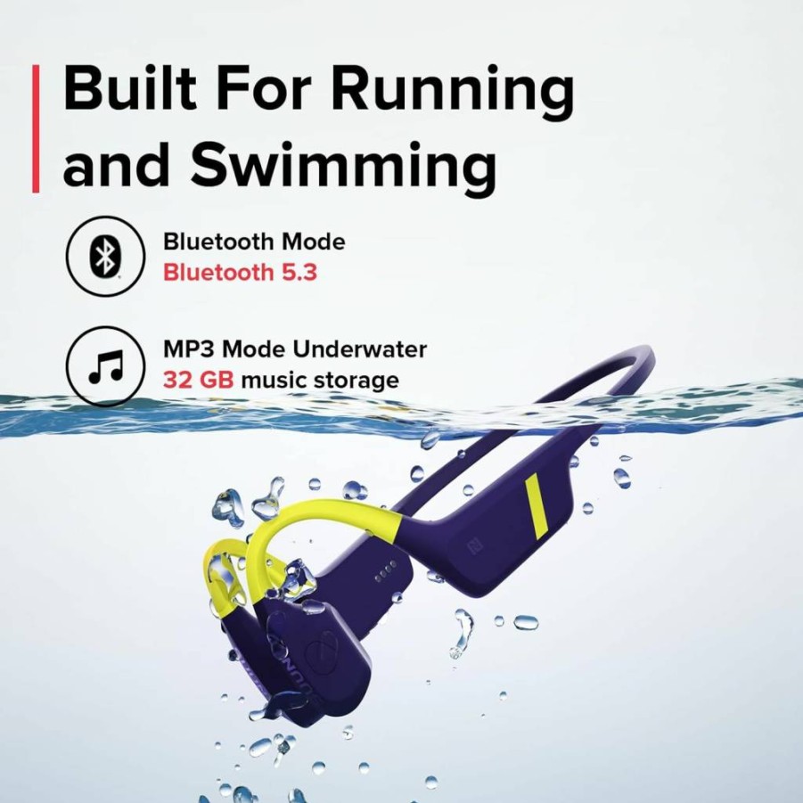 SUUNTO Aqua Bluetooth Bone Conduction Headphones – Open-Ear MP3 Player for Swimming, Running & Cycling, IP68 Waterproof, 32GB Storage, 30H Playtime with Power Bank, Head Gesture Control, Dual Mic, Lime Blue