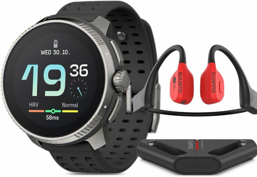 SUUNTO Race Titanium GPS Sports Watch - Charcoal with Wing Bone Conduction Headphones - Red
