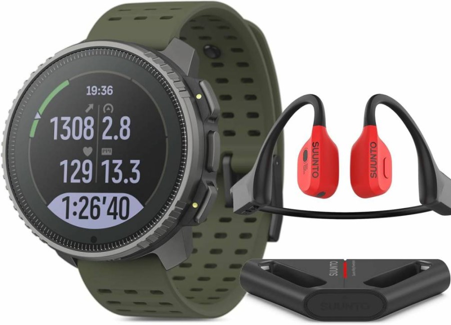 SUUNTO Vertical Titanium Solar GPS Watch with Open-Ear Bone Conduction Headphones in Forest Wing Red