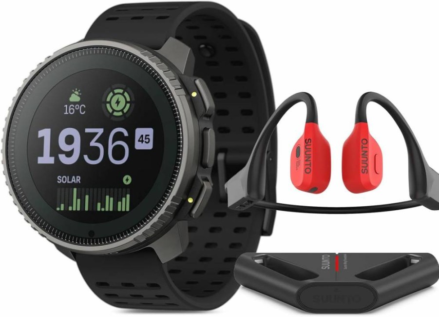 SUUNTO Vertical Titanium Solar Smartwatch with Open-Ear Bone Conduction Headphones in Black and Red