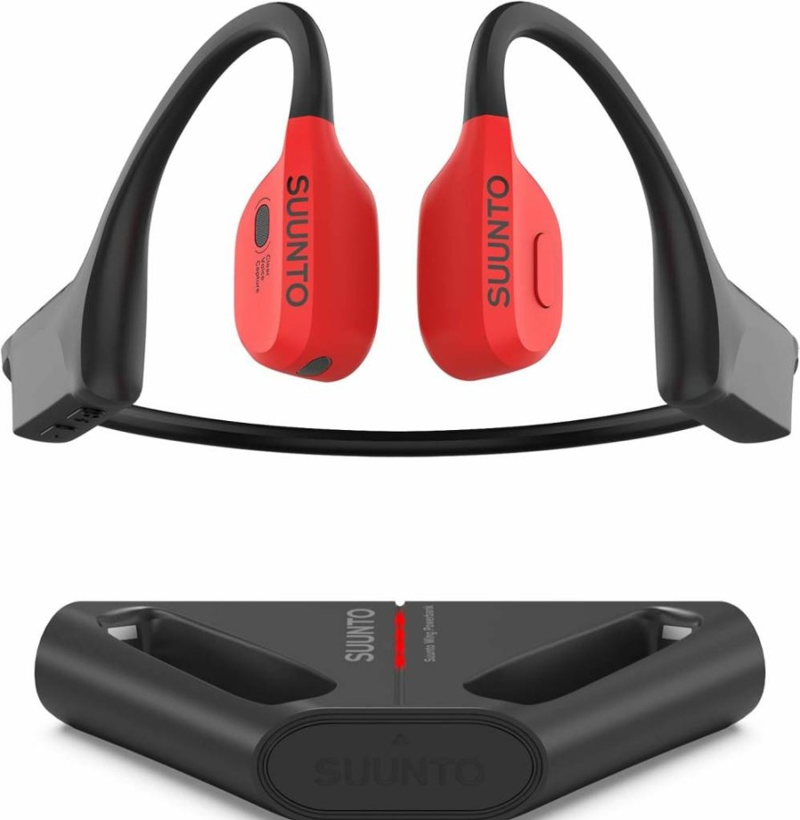 SUUNTO Wing Open-Ear Bone Conduction Headphones - Bluetooth Sport Earphones with Head Gesture Control, Dual-Mic, IP67 Waterproof, Safety LED, 30H Battery & Charging Stand (Red)