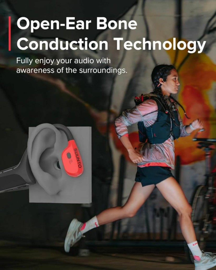 SUUNTO Wing Open-Ear Bone Conduction Headphones - Bluetooth Sport Earphones with Head Gesture Control, Dual-Mic, IP67 Waterproof, Safety LED, 30H Battery & Charging Stand (Red)