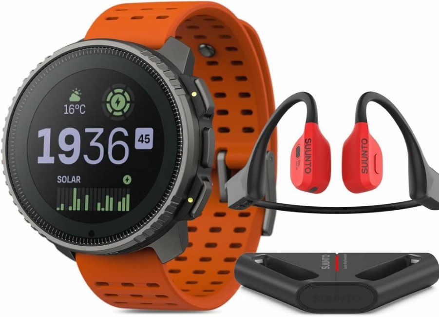 SUUNTO Vertical Titanium Solar Adventure Bone Conduction Headphones - Open-Ear Design, Canyon Red