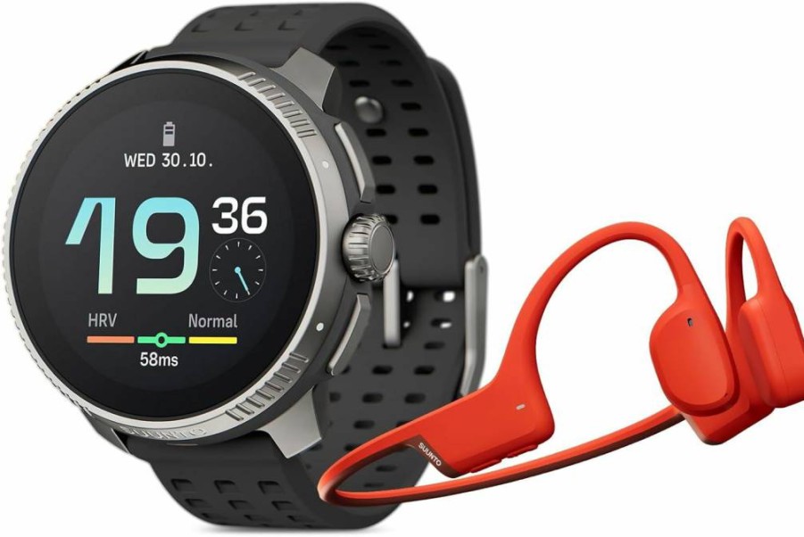 SUUNTO Race Titanium GPS Sports Watch - Charcoal Black with Bone Conduction Headphones, Red
