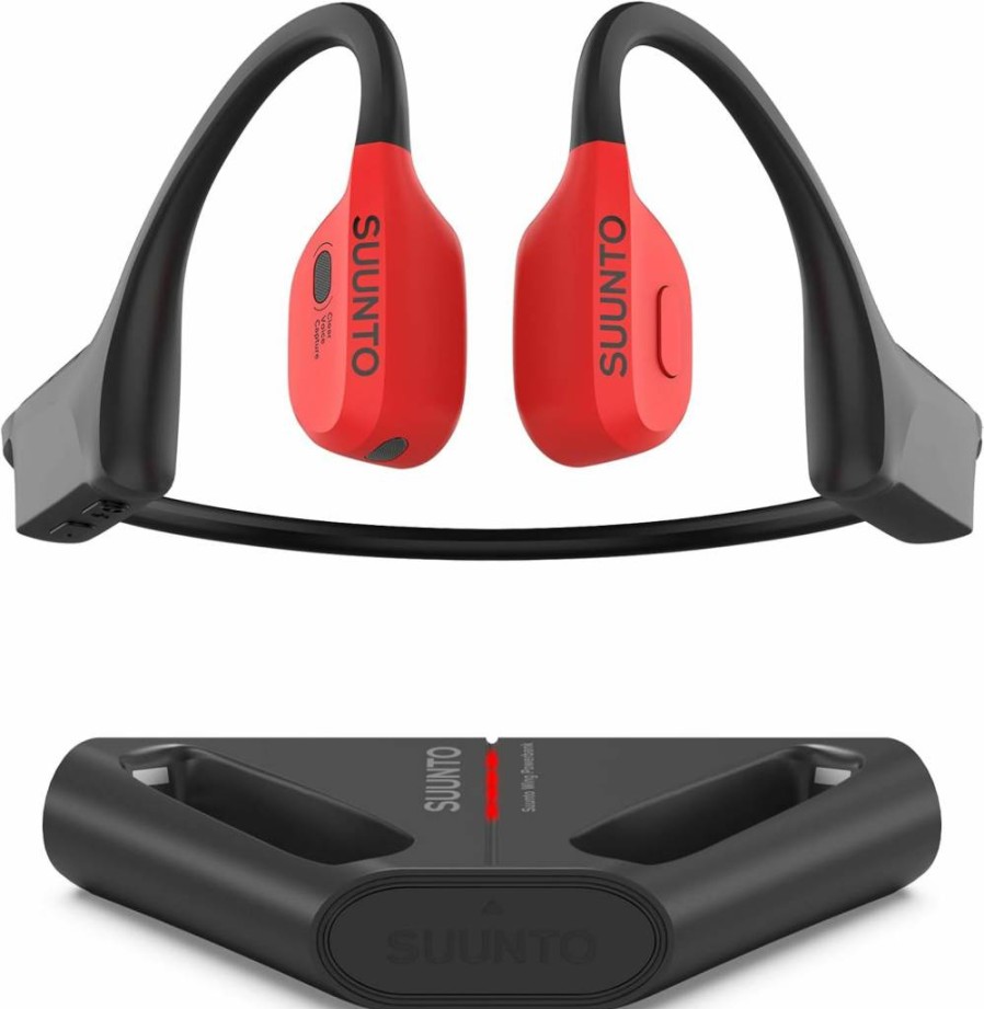 SUUNTO Wing Open-Ear Bone Conduction Headphones - Bluetooth Multipoint, 10H Battery, Fast Charge, IP67 Waterproof, Head Movement Control, Safety Lights for Running & Workouts (Red)