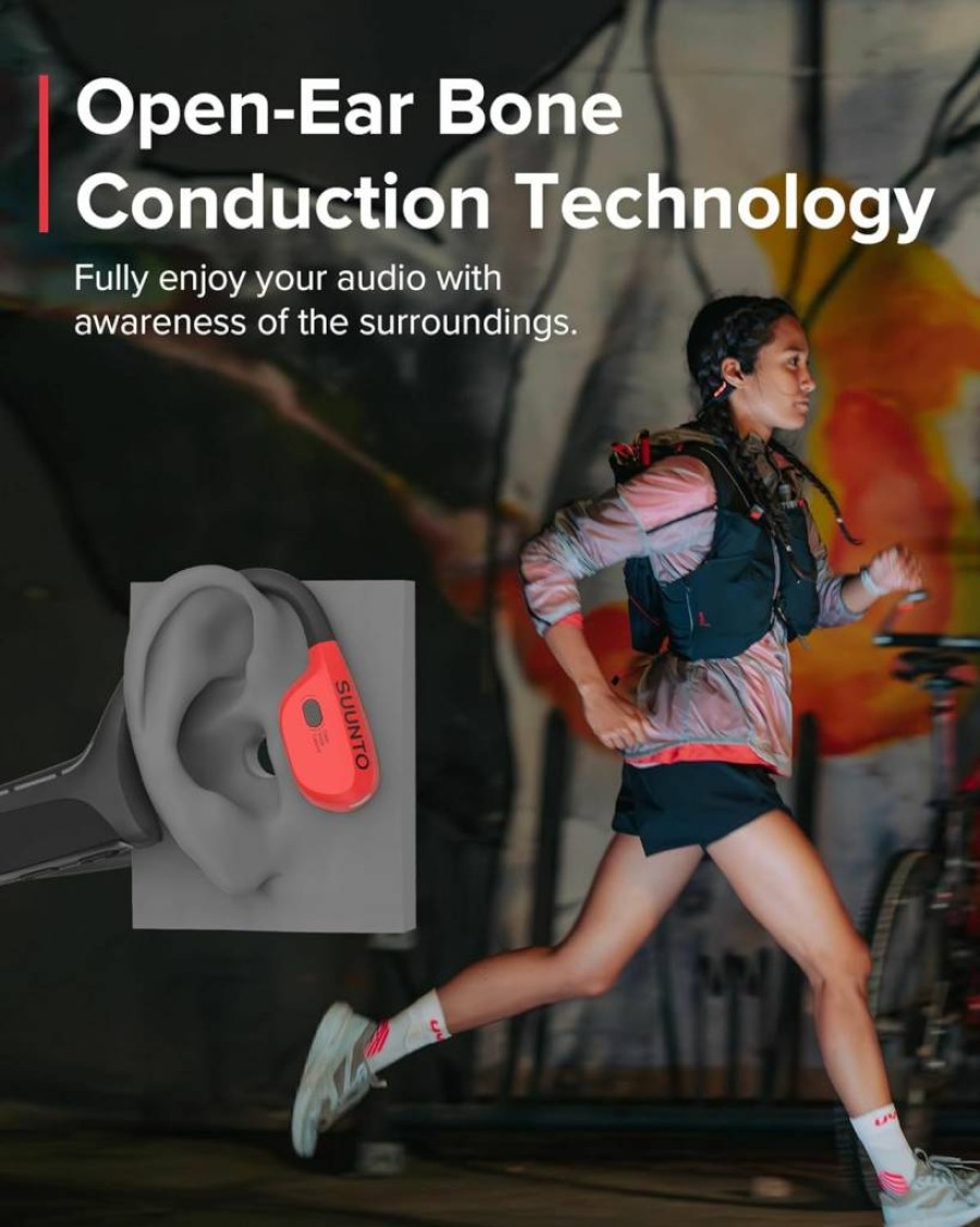 SUUNTO Wing Open-Ear Bone Conduction Headphones - Bluetooth Multipoint, 10H Battery, Fast Charge, IP67 Waterproof, Head Movement Control, Safety Lights for Running & Workouts (Red)