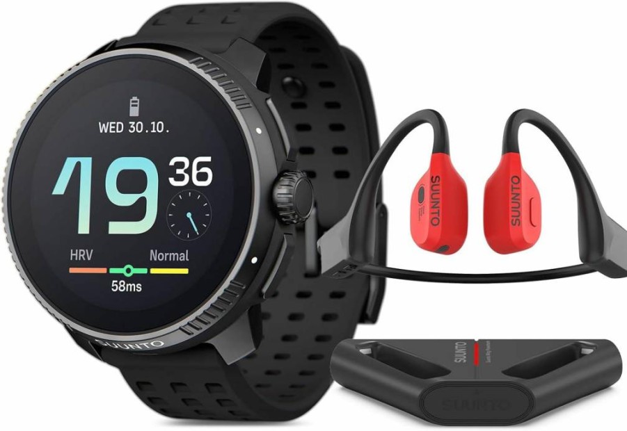 SUUNTO Race Stainless Steel GPS Sports Watch - Black with Bone Conduction Headphones - Red