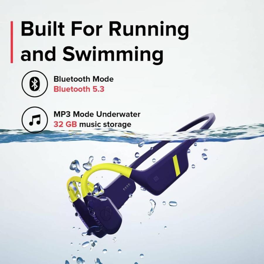 SUUNTO Aqua Bluetooth Bone Conduction Headphones – Open-Ear MP3 Player for Swimming, Running & Cycling, IP68 Waterproof, 32GB Storage, 30H Playtime with Power Bank, Lime Blue