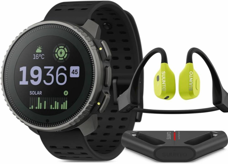 SUUNTO Vertical Titanium Solar Smartwatch with Open-Ear Bone Conduction Headphones in Black & Lime