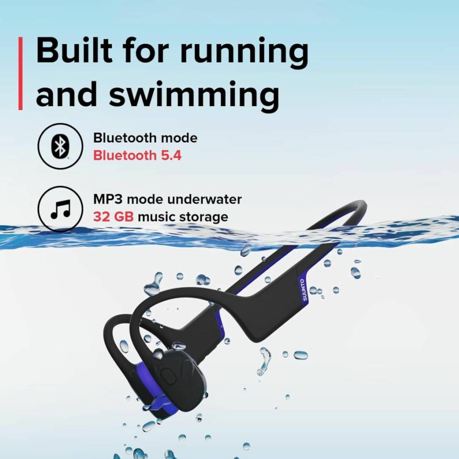 SUUNTO Reef Blue Bone Conduction Bluetooth Headphones - 32GB MP3 Player, IP68 Waterproof, 10-Hour Playtime, Open-Ear Design for Swimming & Running, Lightweight 28g with Dual-Mic & App Support